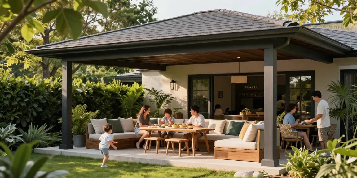 Freistehende Terrassenüberdachung mit gemütlicher Sitzecke und grünem Ambiente im Garten.