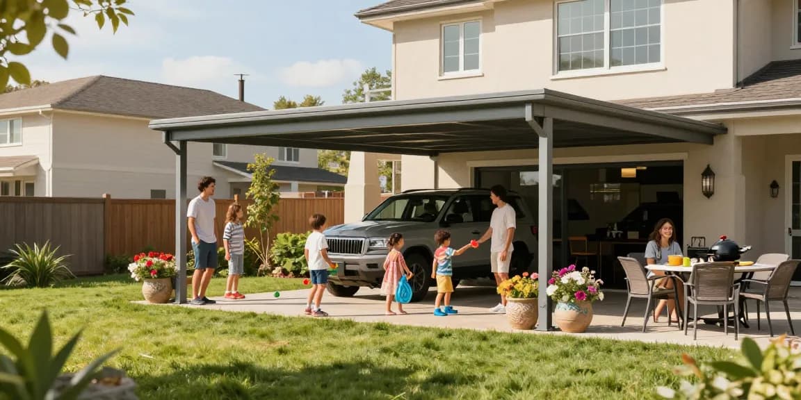 Carport in einem modernen Garten mit Familie und Spielzeug.