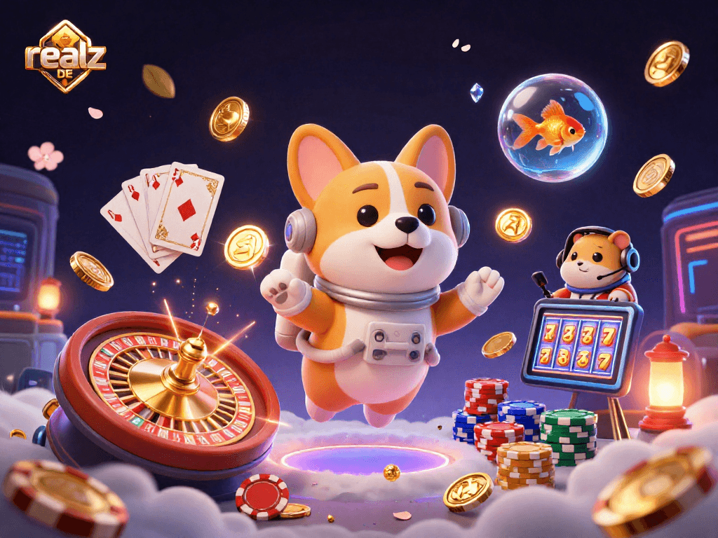 Spiele im brandneuen Casino realz DE mit einem 3D-Cartoon-Astronauten und schwebenden Bonus-Elementen.
