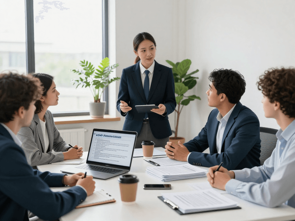 Vermessungsbüros und ÖbVI im Beratungsgespräch zur DSGVO-Compliance in einem modernen Büro.