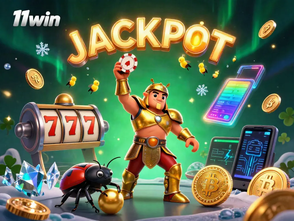 Join the excitement of 11win as a golden-armored beetle celebrates a big win with poker chips and glowing coins.
