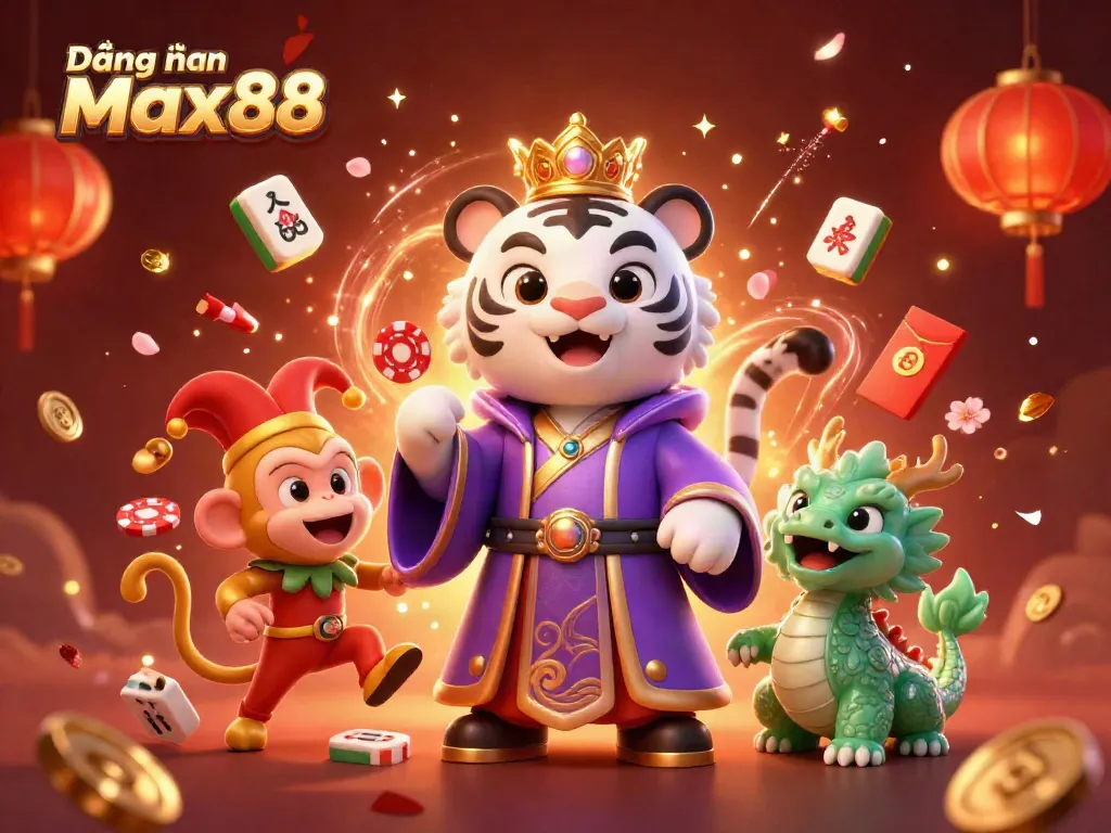 Experience Đăng nhập Max88 with vibrant casino characters and elements in a dynamic, colorful scene.
