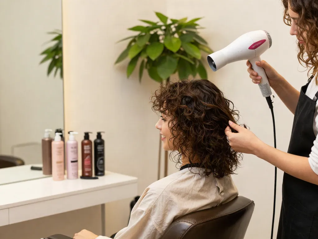 Haartrockner gegen Frizz: Laifen Air Pro im Einsatz bei frizzanfälligem Haar im modernen Friseursalon.