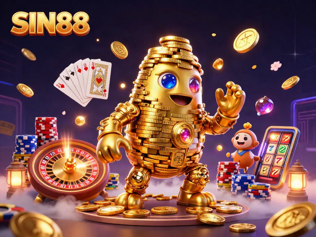 Spin to win big with SIN88, featuring a playful golden golem amidst cascading coins and gambling action.