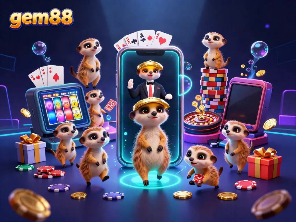 Experience excitement at gem88 with a fun 3D casino scene featuring playful meerkats.