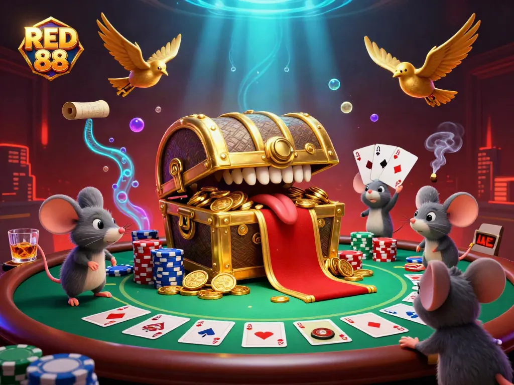 Adventurer mice approach the golden treasure chest in the fun casino world of RED 88.