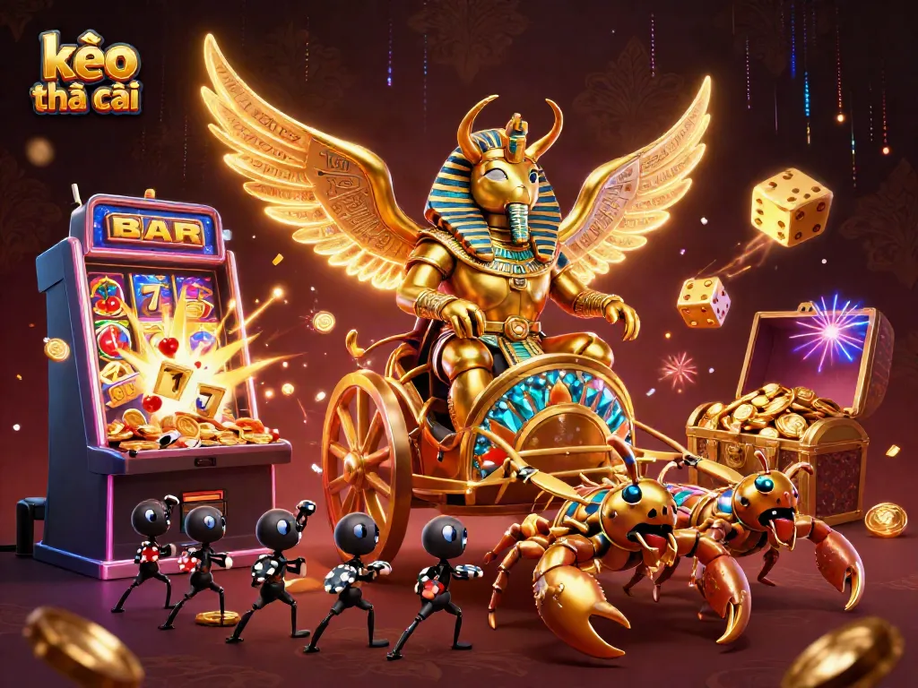 Engage with kèo nhà cái through a vibrant 3D scene showcasing a golden scarab beetle in casino-themed atmosphere.