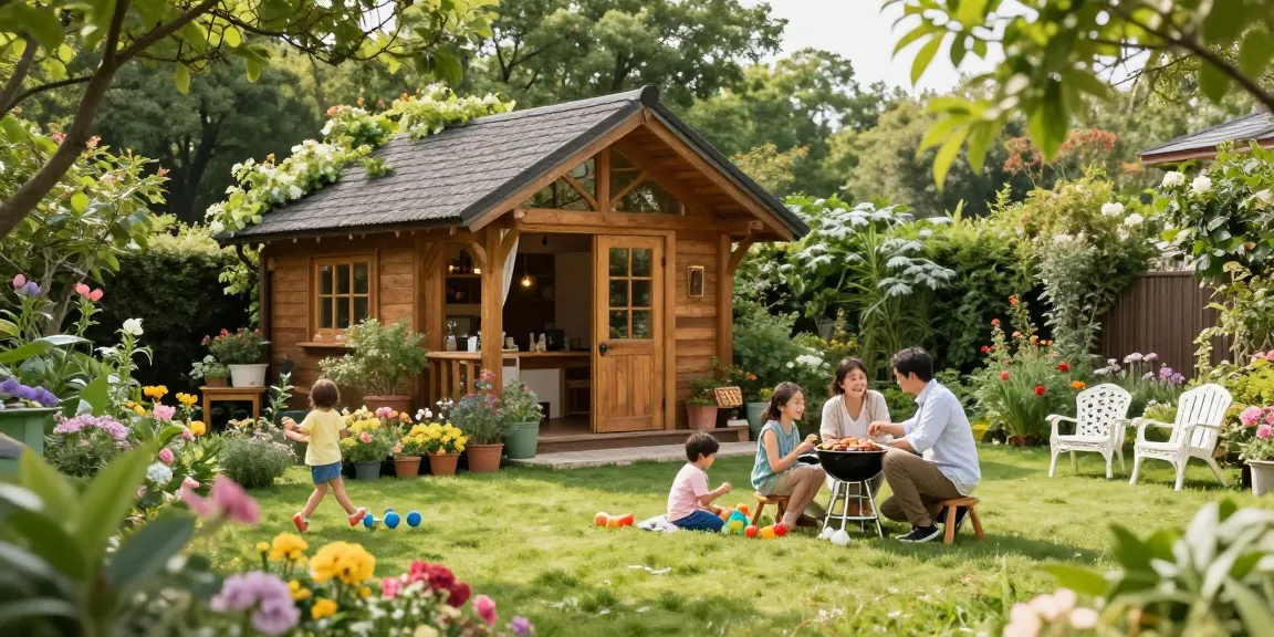 Familie genießt Zeit im Garten neben ihrem Gartenhaus, Blütenpracht und sonnige Atmosphäre.