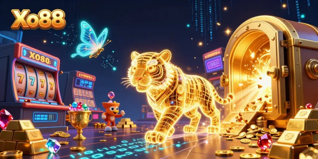 Experience the thrill of Xo88 with a luminous golden tiger in a vibrant casino landscape.