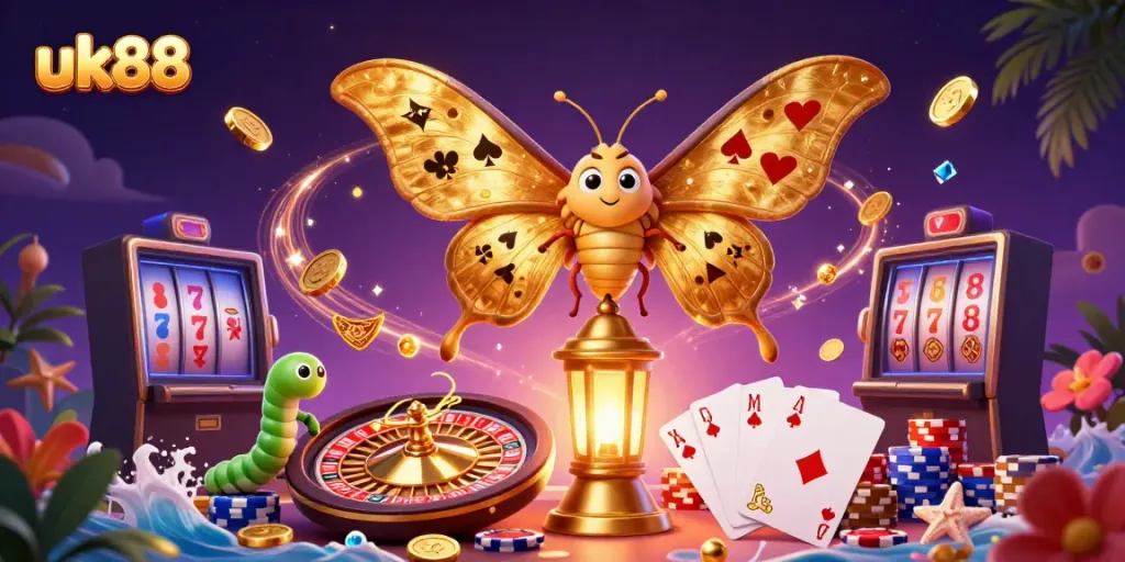 Witness a stunning 3D casino scene with the uk88 logo, featuring an intricate atlas moth and vibrant casino elements.