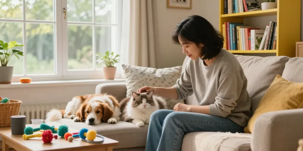 A pet owner interacting with a cat and dog in a cozy home setting, highlighting the warm community of rokok88.