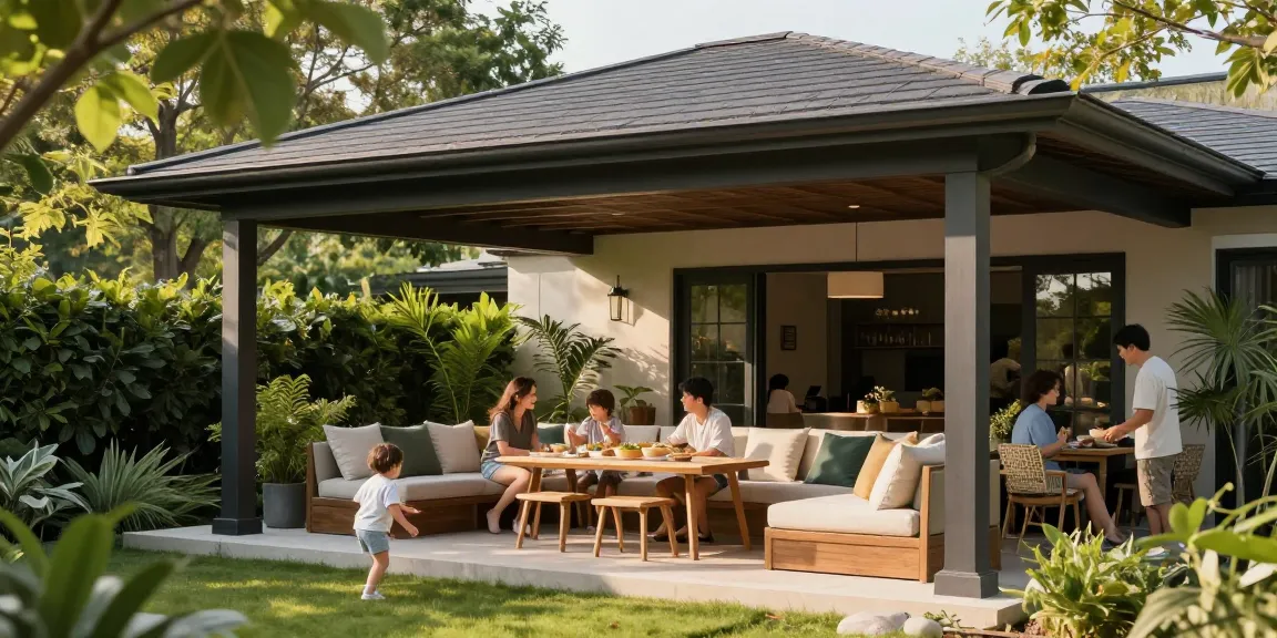 Freistehende Terrassenüberdachung mit gemütlicher Sitzecke und grünem Ambiente im Garten.