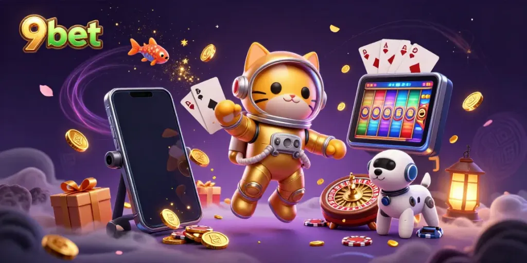 Experience thrilling slots with 9bet in a vibrant, engaging cosmic casino scene featuring a space cat and robot dog.