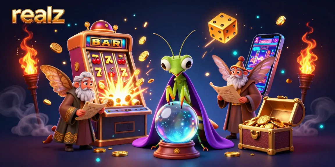 Experience the excitement of realz with a dynamic 3D casino illustration featuring winning slot machines and magical characters.
