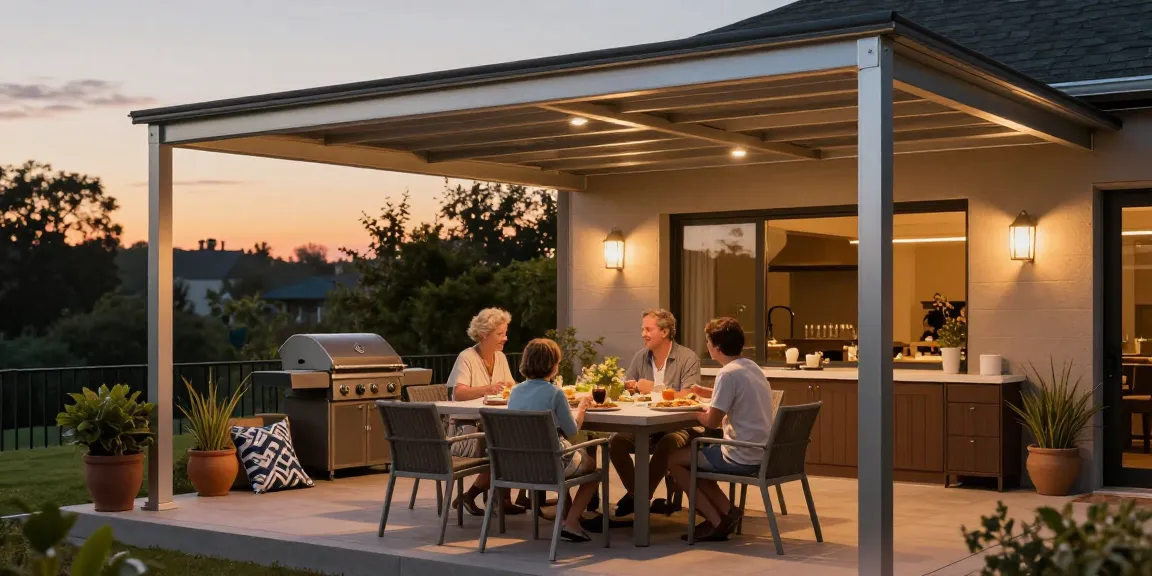 Moderne Terrassenüberdachung fördert geselliges Ambiente im Freien.