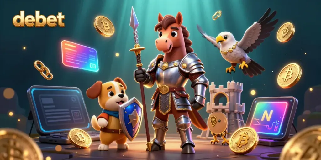 Engage with debet's dynamic gaming visuals featuring a knight, squire, and falcon.