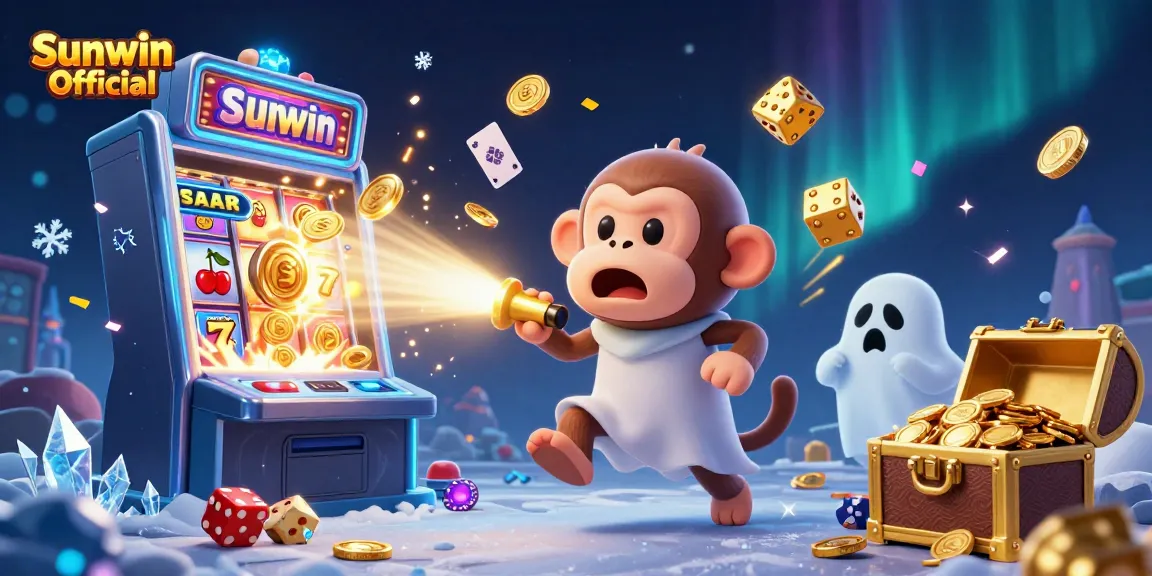 Engaging Sunwin Official scene with a playful monkey and a curious puppy in a vibrant casino setting