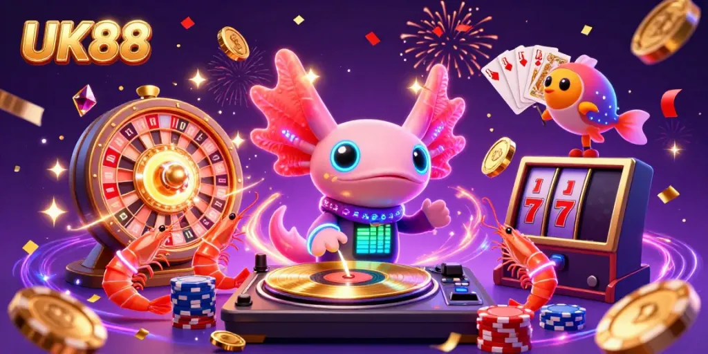Experience thrilling gaming at UK88 with vibrant visuals of a neon axolotl DJ and casino elements.