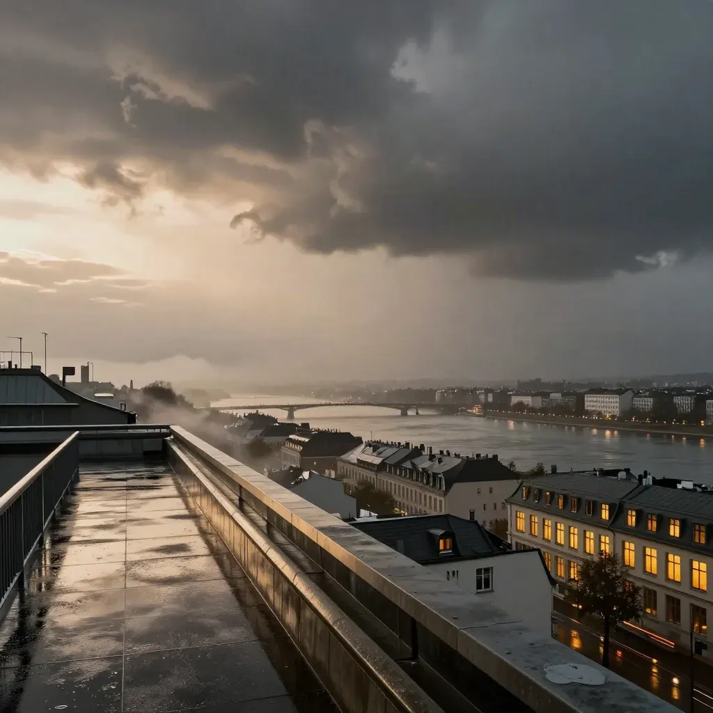 Regenfront über dem Rhein bei Dämmerung, nasse Stadt und dunkler Himmel von oben