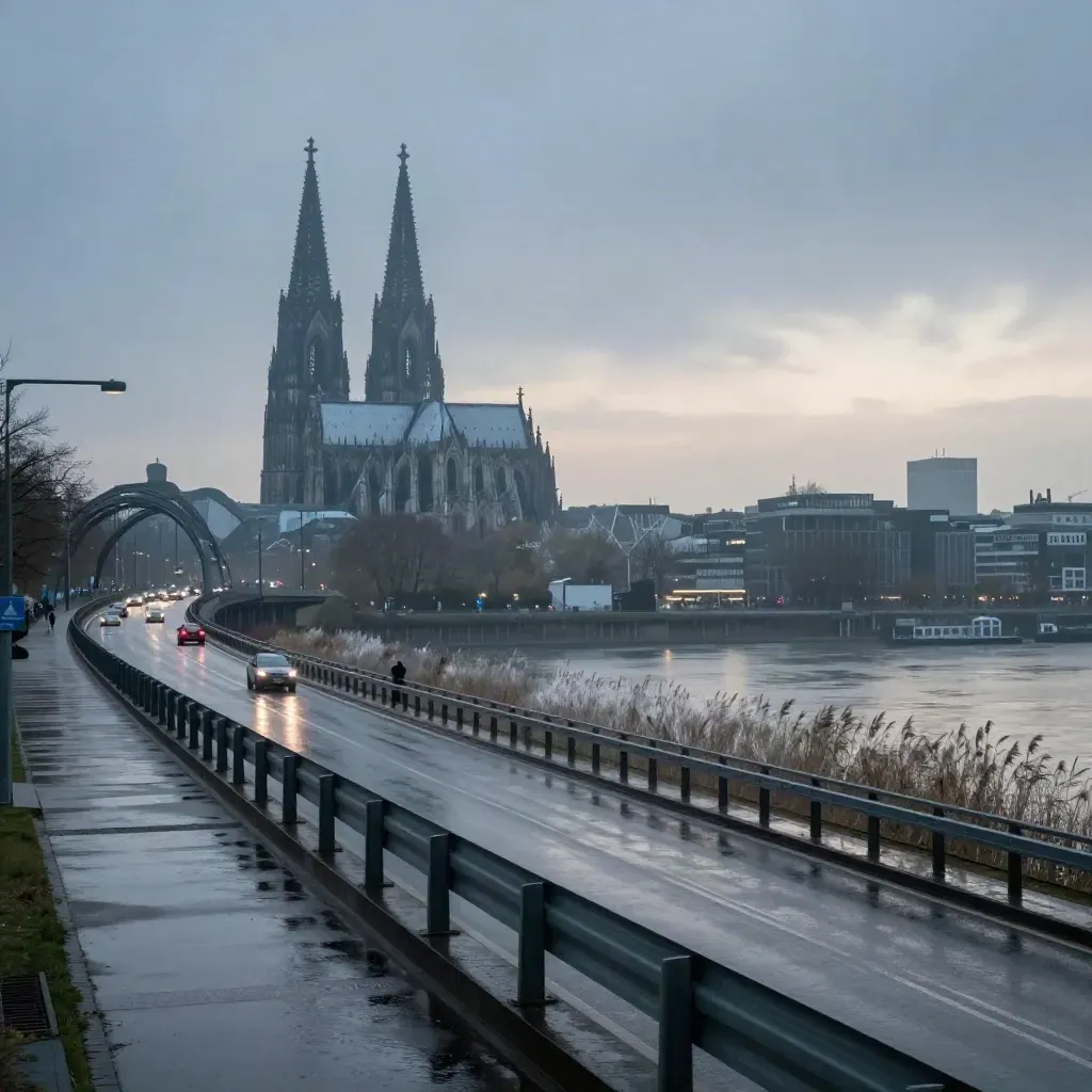 Morgendämmerung über dem Rhein mit nasser Autobahn, Brückenbogen und Dom-Silhouette.