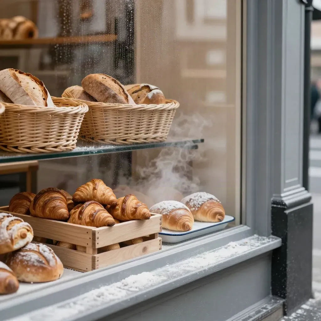 Beschlagene Bonner Bäckereifassade mit dampfendem Gebäck und Holzkiste im Morgenlicht