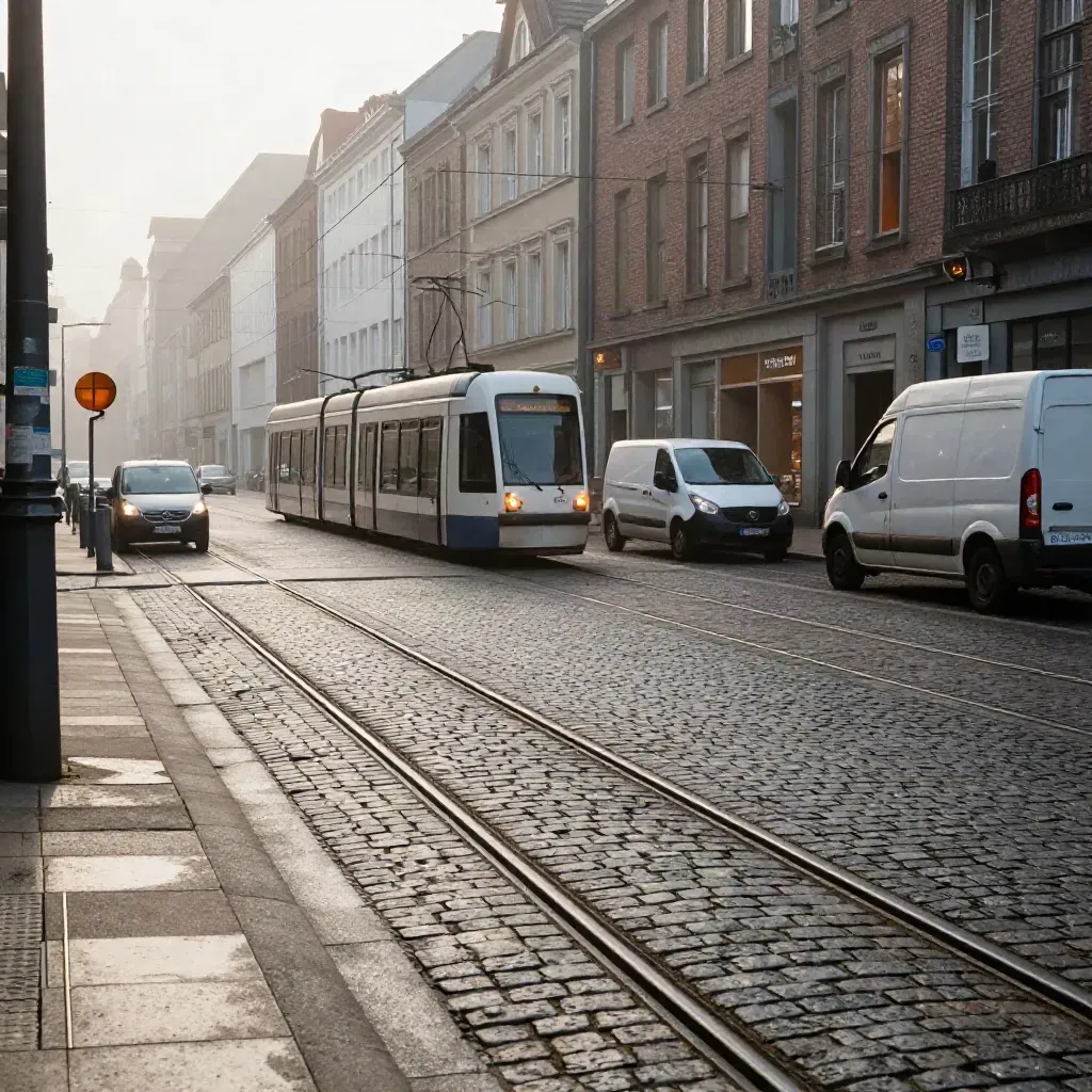 Nasse Kölner Kreuzung mit Straßenbahntrasse, Morgennebel und Lieferwagen im ersten Licht.