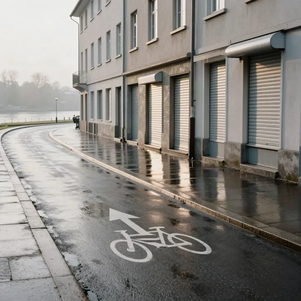 Leere Bonner Uferstraße mit nasser Fahrbahn, Fahrradspur und geschlossenen Rollläden im Morgennebel.