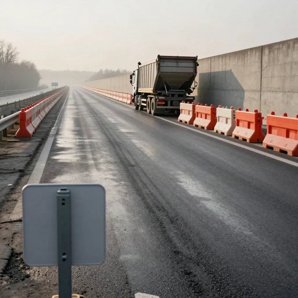 Baustellenkorridor auf der Autobahn mit Baken, Frässtreifen und wartendem Kipplaster im Dunst