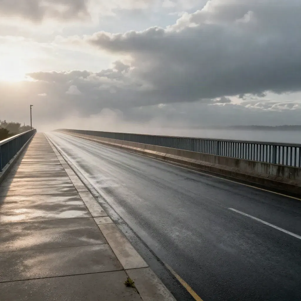 Brücke mit trockener Lücke auf nasser Fahrbahn, dunkle Regenwand und ziehende Wolken.