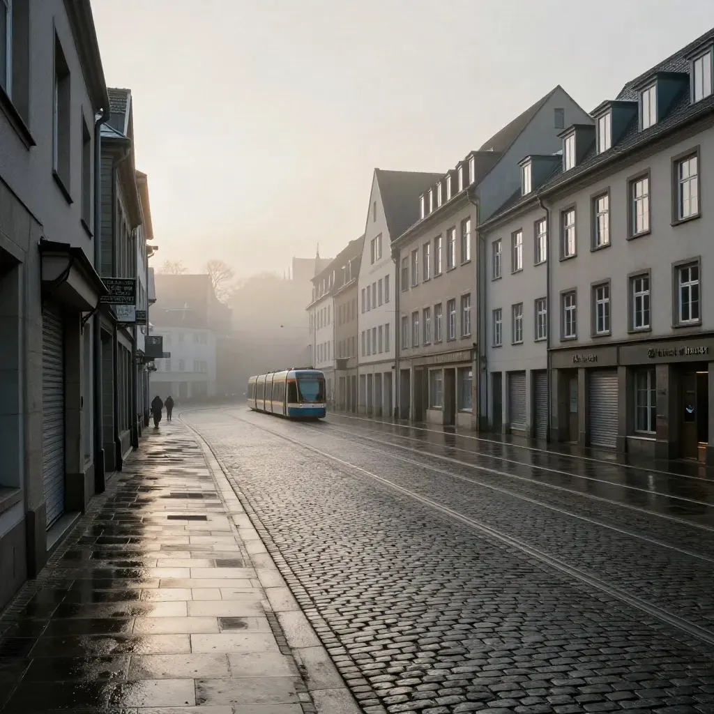 Kölner Altstadt am Morgen mit nassem Kopfsteinpflaster, Nebel und stiller Straßenbahnkurve
