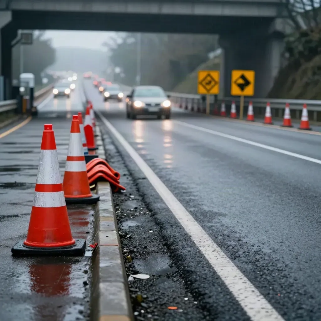 Gesperrte A3-Ausfahrt mit Pylonen, Umleitungsschildern und nasser Fahrbahn im Morgennebel.