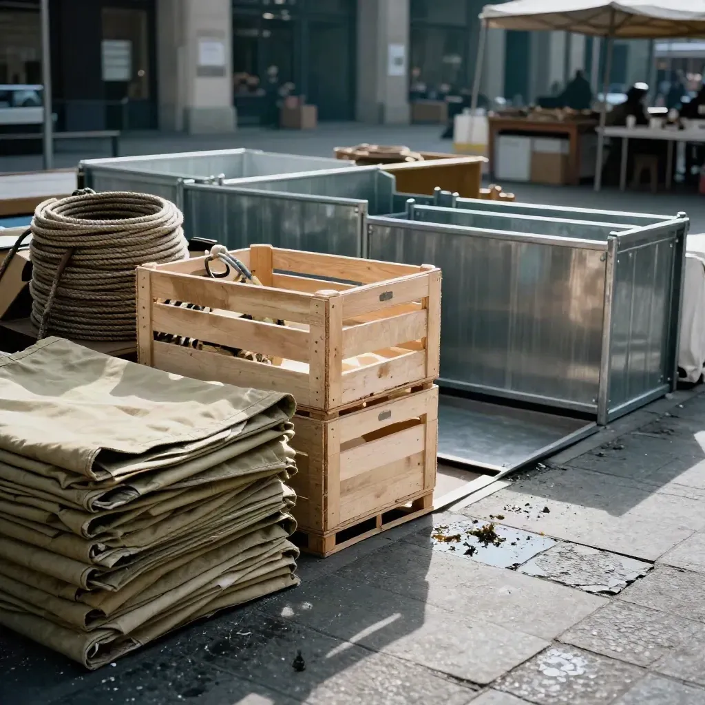Leerer Kölner Wochenmarkt mit Planen, Kisten und feuchtem Pflaster im Morgenlicht.