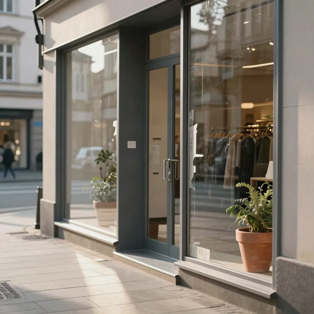 Neue Ladenfassade in Bonn mit Pflanzkübeln und Schutzfolie im Morgenlicht