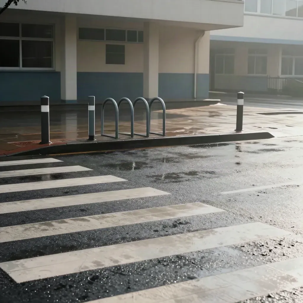 Leerer Zebrastreifen vor Schule, Fahrradständer und nasser Gehweg im Morgenlicht.