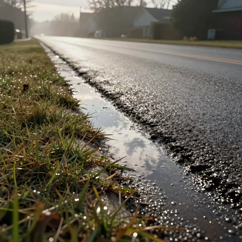 Makro von nasser Straßenkante mit trockener Asphaltspur und aufreißender Wolkenlücke.