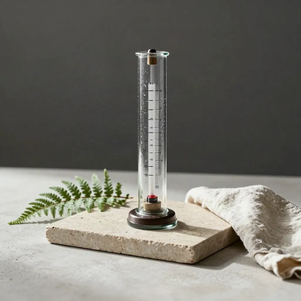Barometer mit Regentropfen, Farn und Leinentuch auf einer Steinplatte.