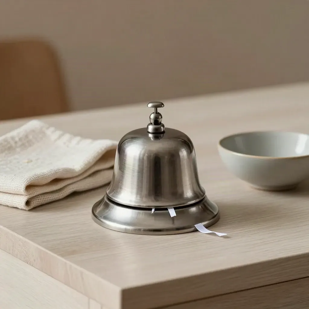 Metallische Tischglocke mit Eventbändchen, Stoff und Keramikschale auf hellem Holz.