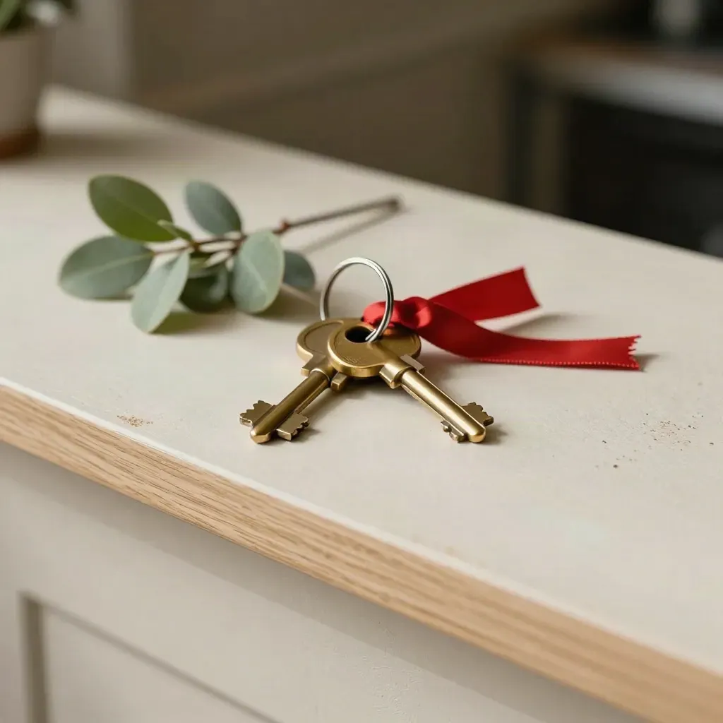Messingfarbene Ladenschlüssel, rotes Band und Topfgrün auf heller Holztheke