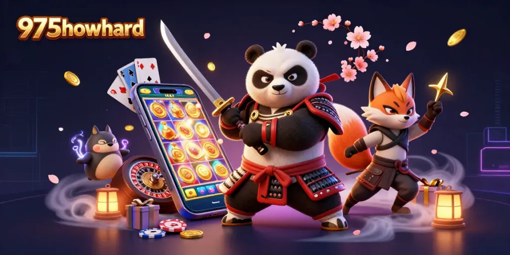 Experience thrilling gameplay with 975howard as samurai panda battles alongside ninja fox surrounded by slot game action.