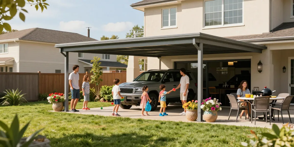 Carport in einem modernen Garten mit Familie und Spielzeug.