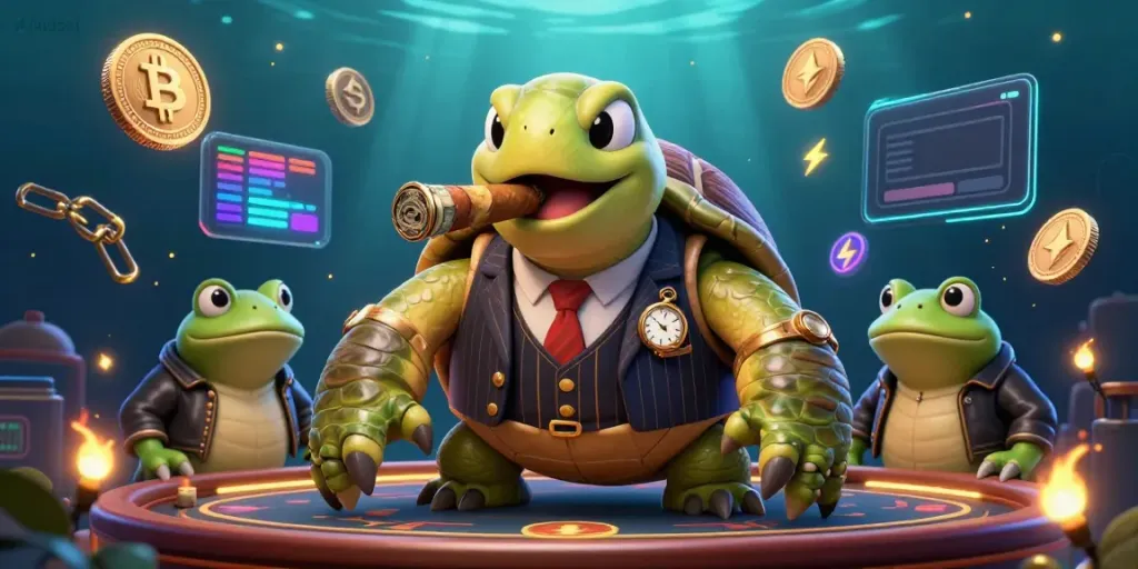 Mubet’s vibrant casino scene features a grand turtle and frog duo amidst crypto elements and lively lights.