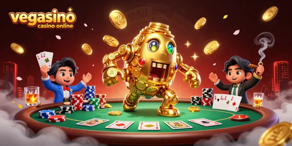 Engage with the thrilling action of vegasino casino online featuring a golden golem surrounded by vibrant poker games.