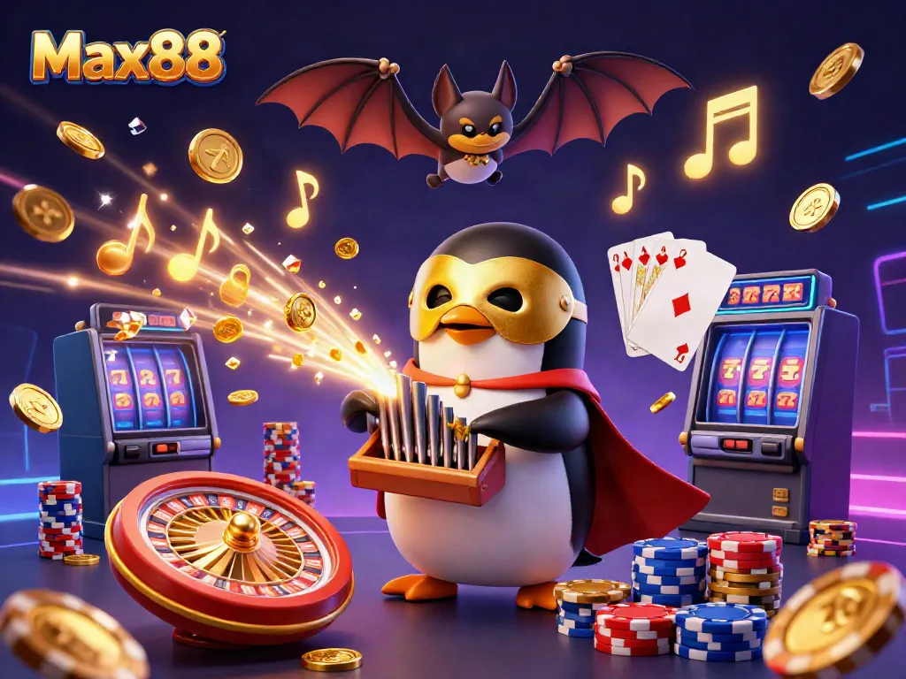 Experience the excitement of Max88 with an engaging 3D casino scene featuring a masked penguin, coins, cards, and more.