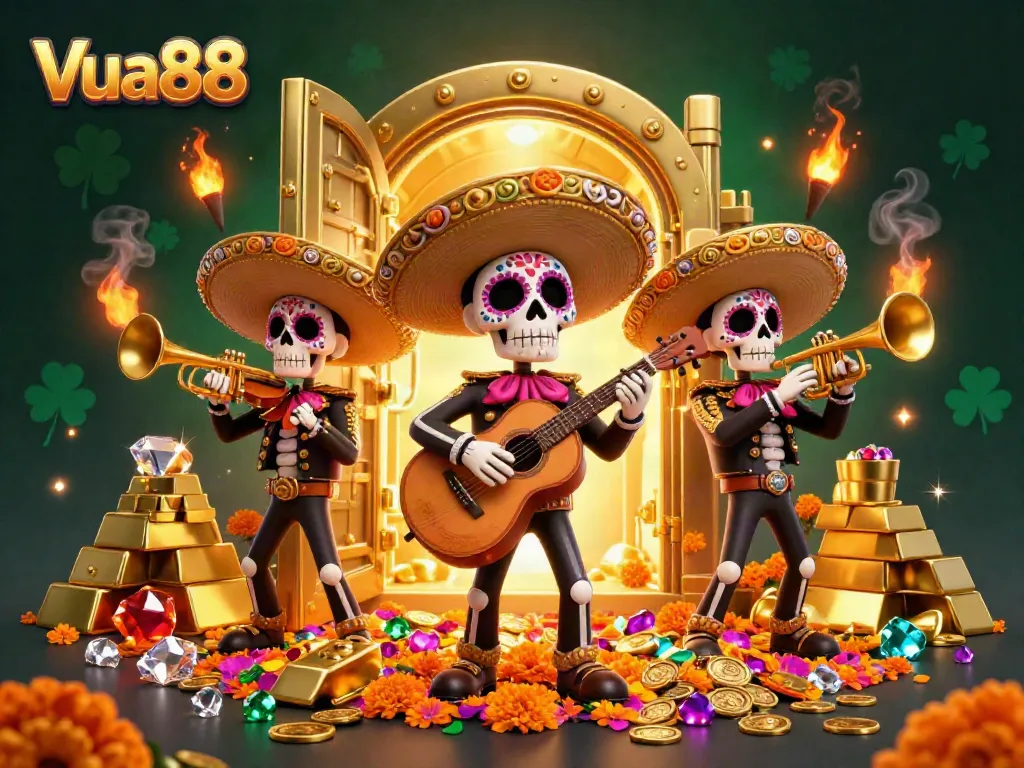 Experience the vibrant energy of Vua88 with a mariachi band surrounded by treasure highlighting the excitement of online gambling.