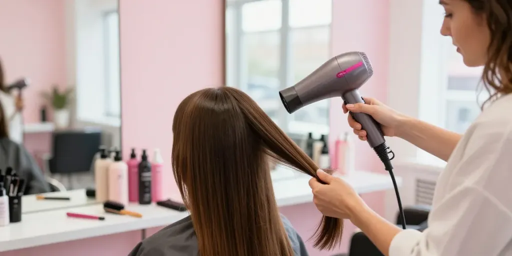 Professionelle Nutzung eines Ionen Haartrockners in einem Schönheitssalon während einer Behandlung.