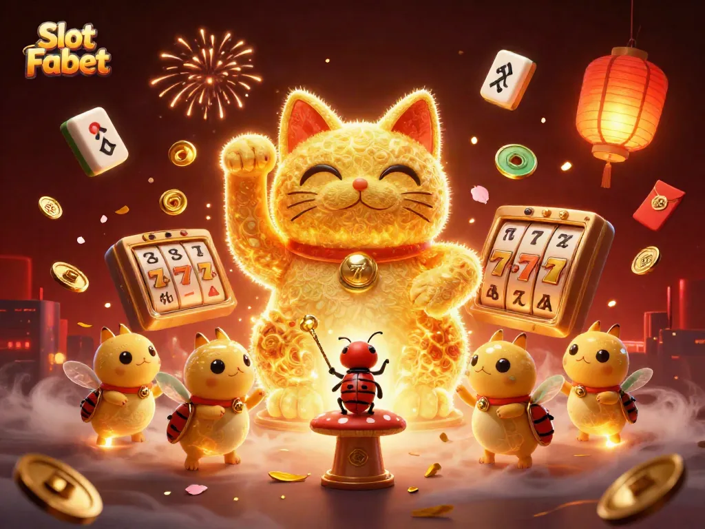 Spin the reels of Slot Fabet with golden fireflies and a lucky cat in a vibrant casino scene.