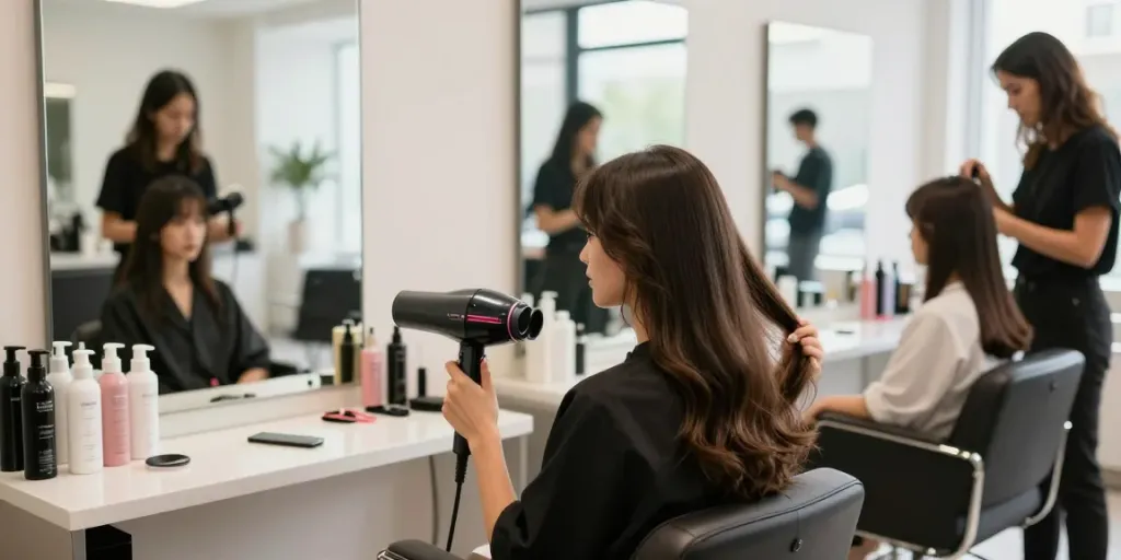 Elegante Frau mit leistungsstarkem Föhn im Salon, sorgt für perfekten Haarlook.