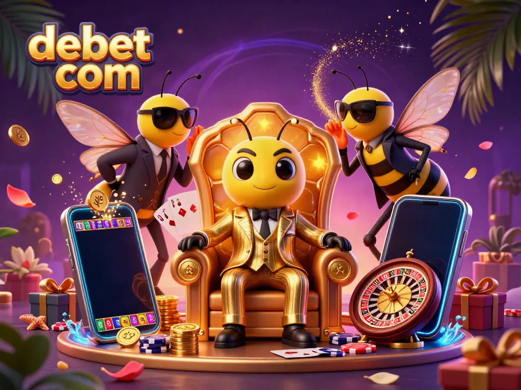 Spin the slots at debet com with a vibrant 3D casino illustration featuring a bumblebee mob boss and game elements.