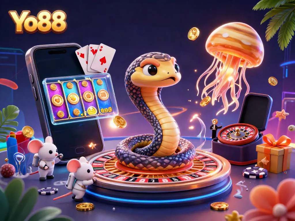 Experience thrilling gameplay at Yo88 with cartoon characters in vibrant casino-themed 3D illustration.
