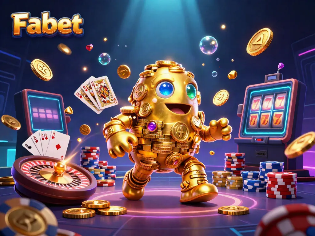 Experience the excitement at Fabet with a 3D golden golem surrounded by captivating gambling elements.